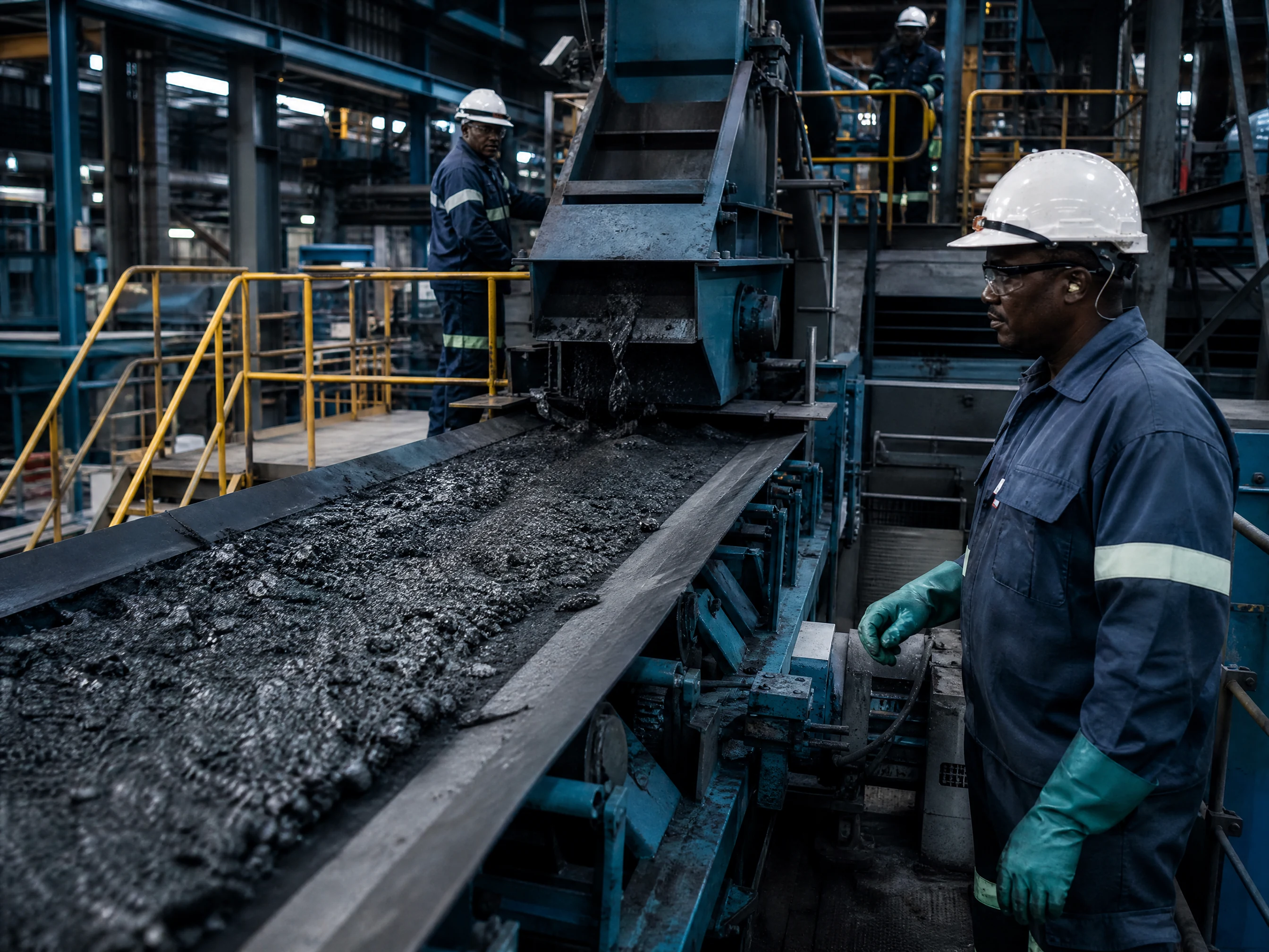 Metallurgical engineers inspecting industrial residue on a separation circuit inside a processing plant