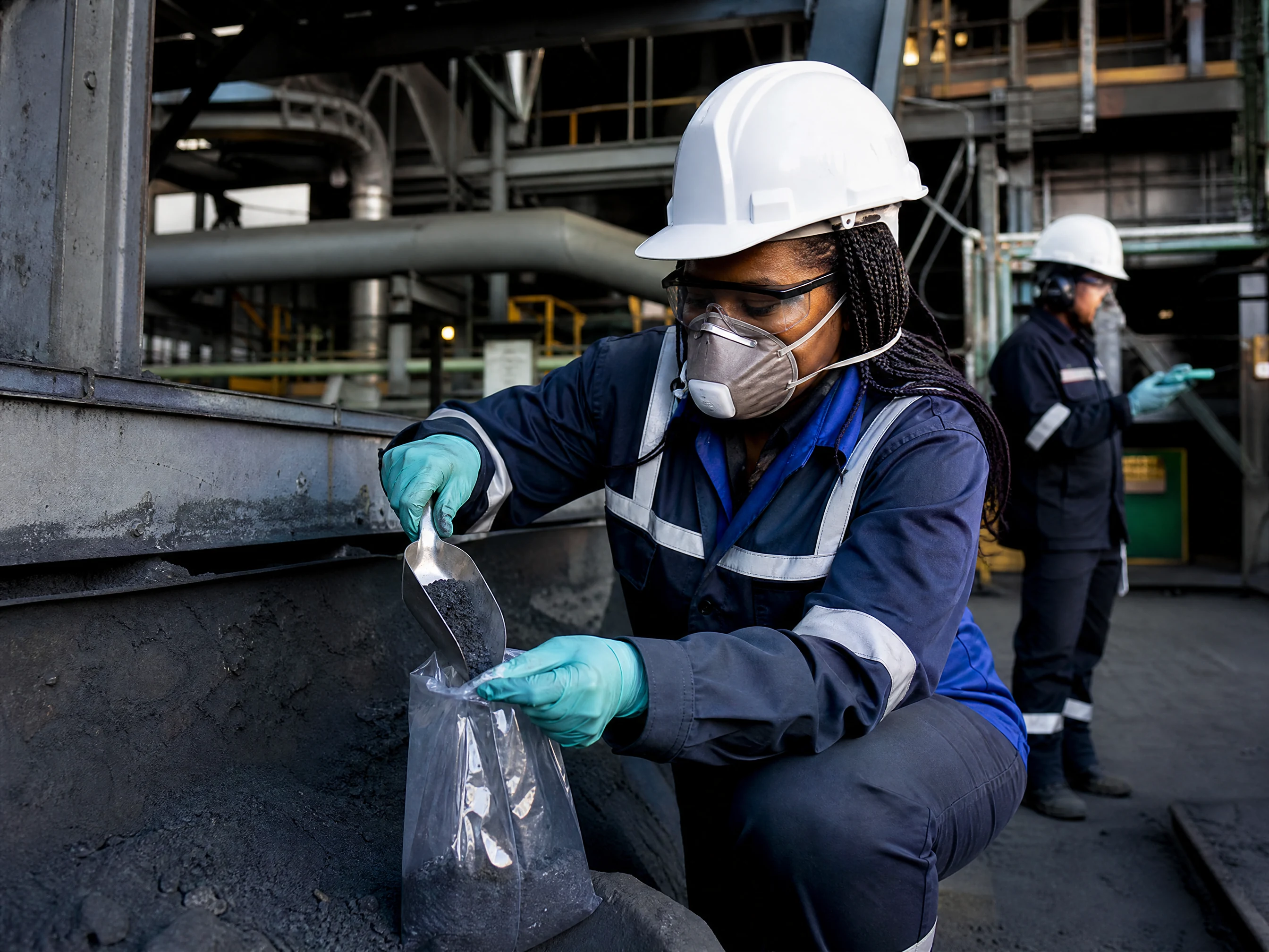 Engineer collecting representative industrial residue samples using correct PPE and clean sampling tools