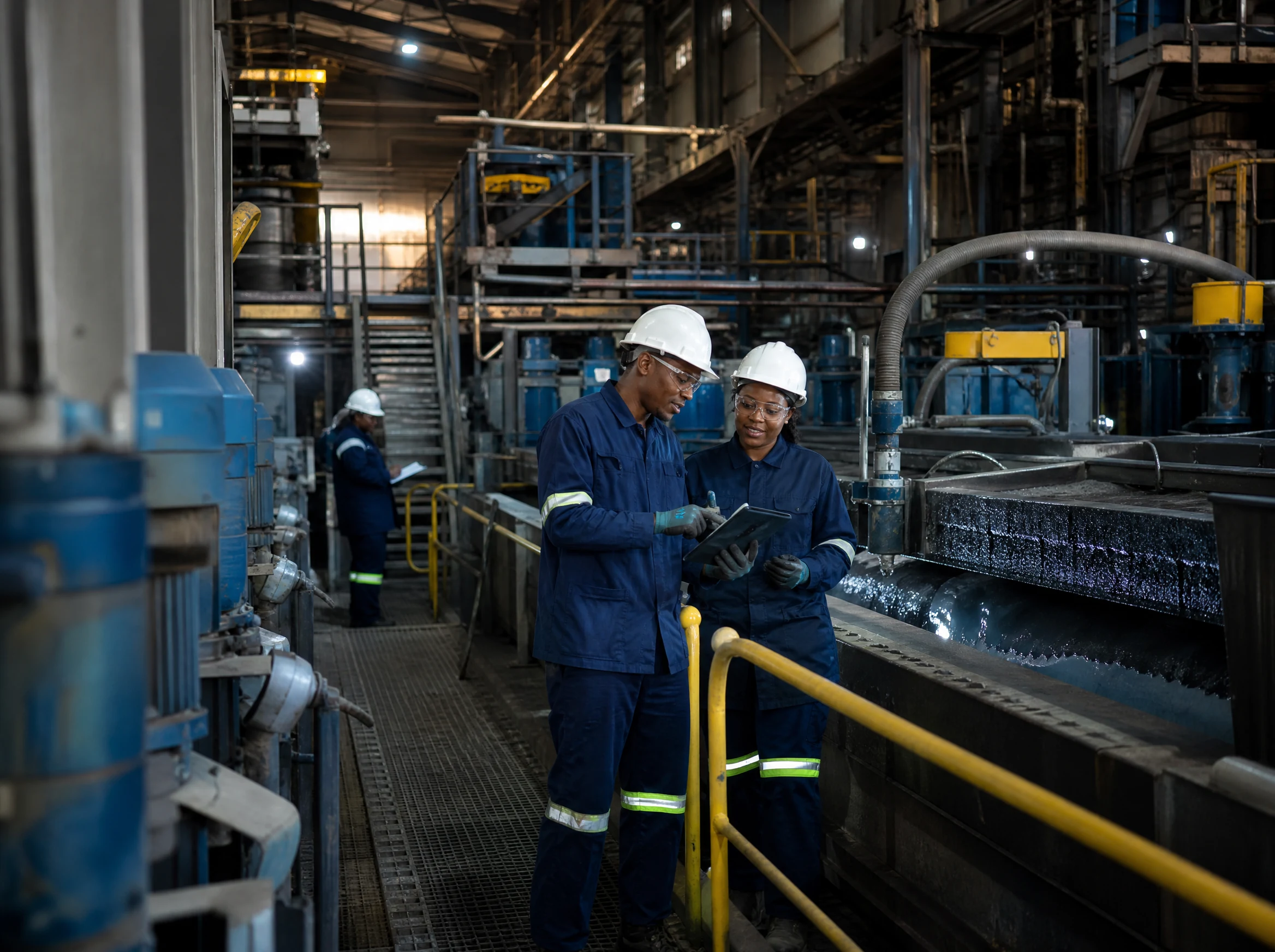 Fine mineral processing scene with classification and separation equipment and a metallurgist monitoring the process