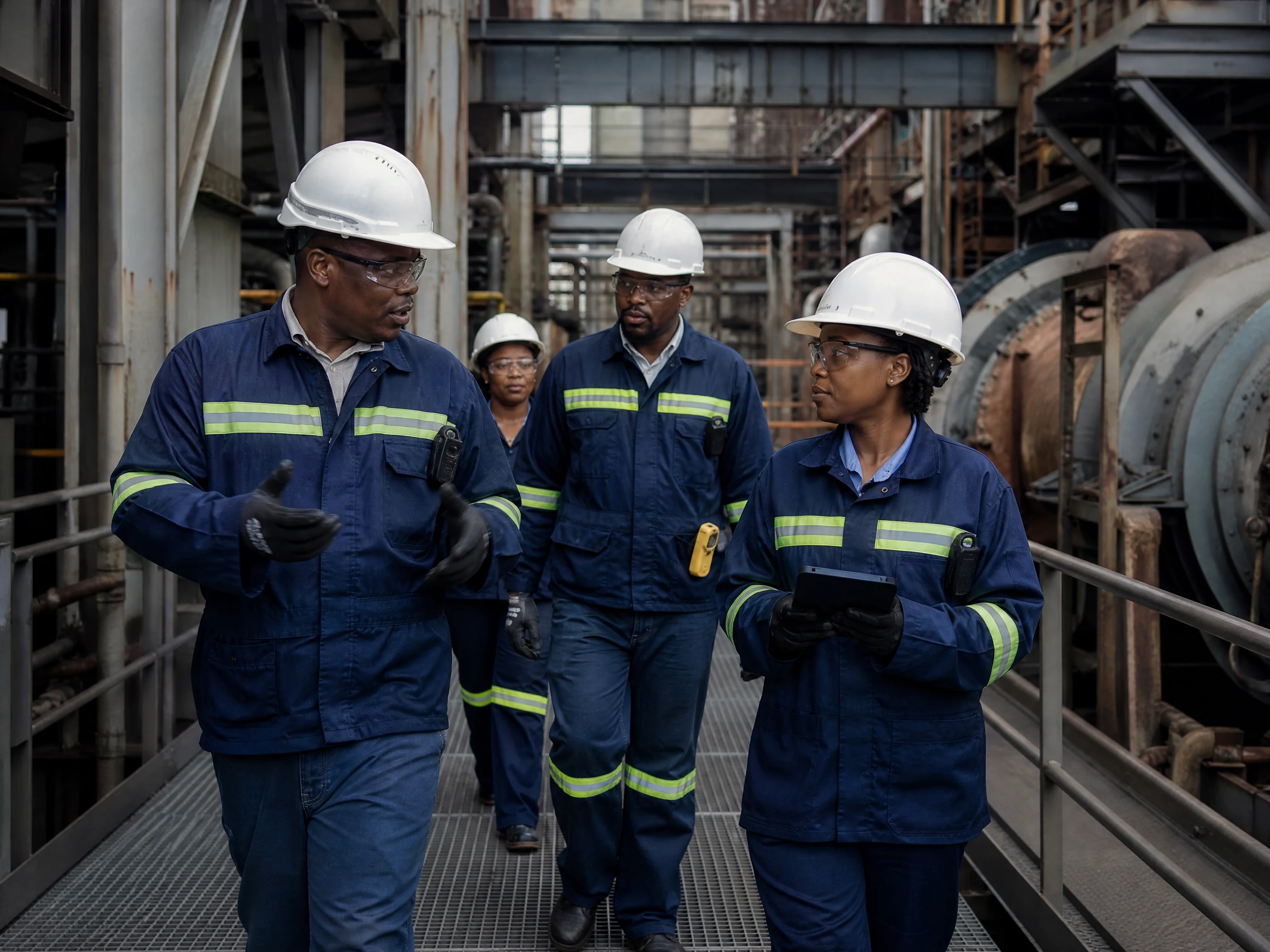Engineers in PPE conducting a safe process-plant walkdown with drawings and a tablet