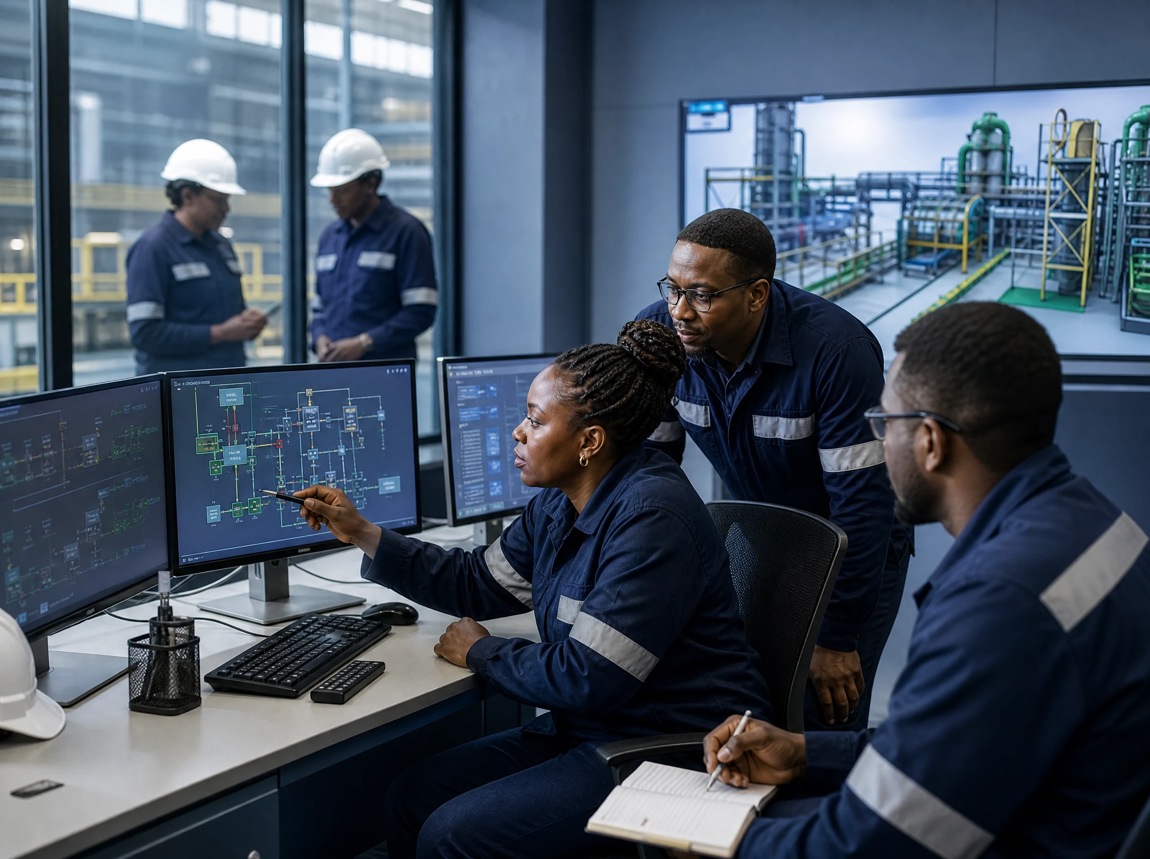Engineers reviewing process data on screens in a metallurgical plant control room