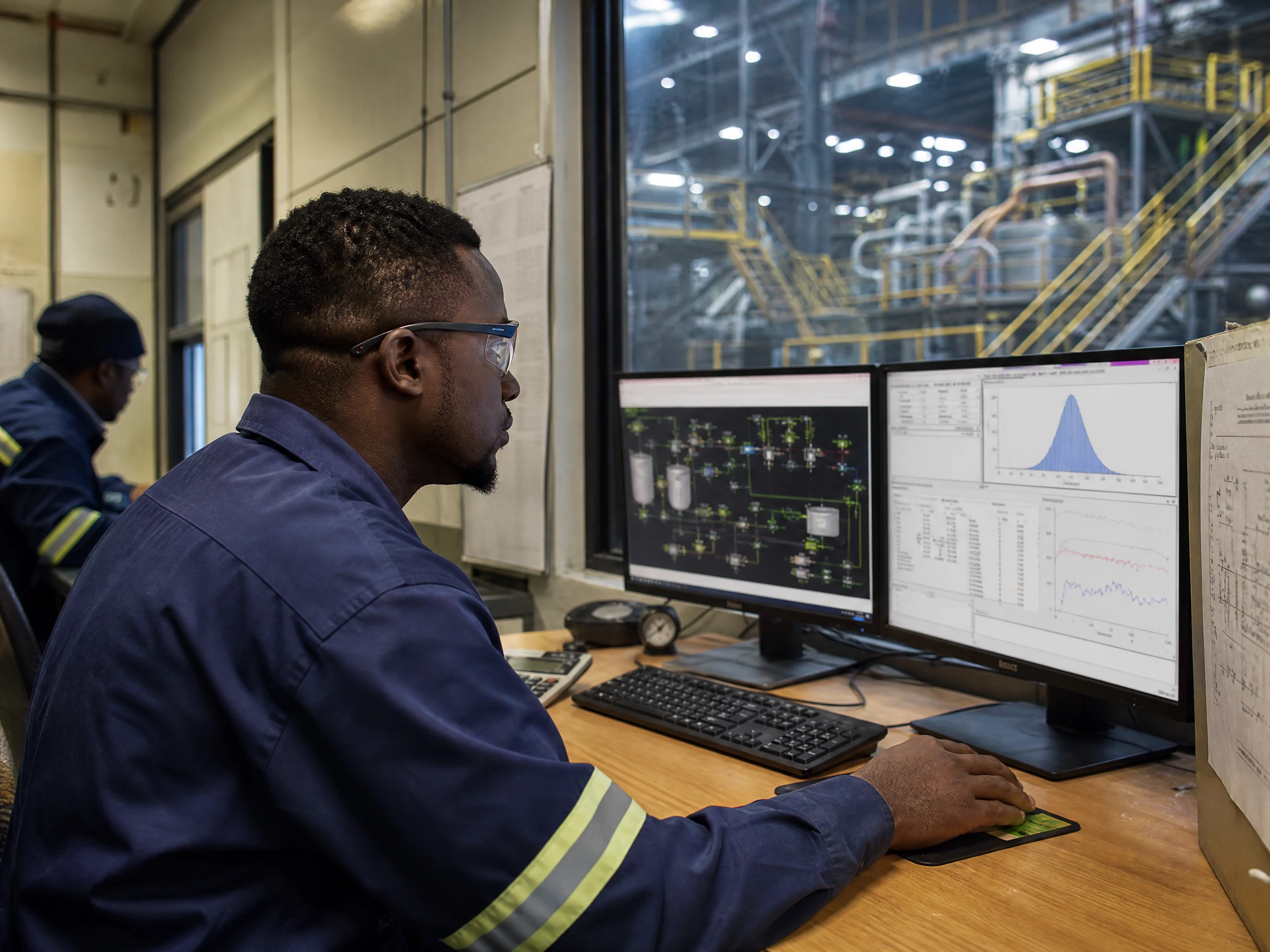Metallurgical process engineer at a workstation with multi-screen simulation, flowsheet and engineering data