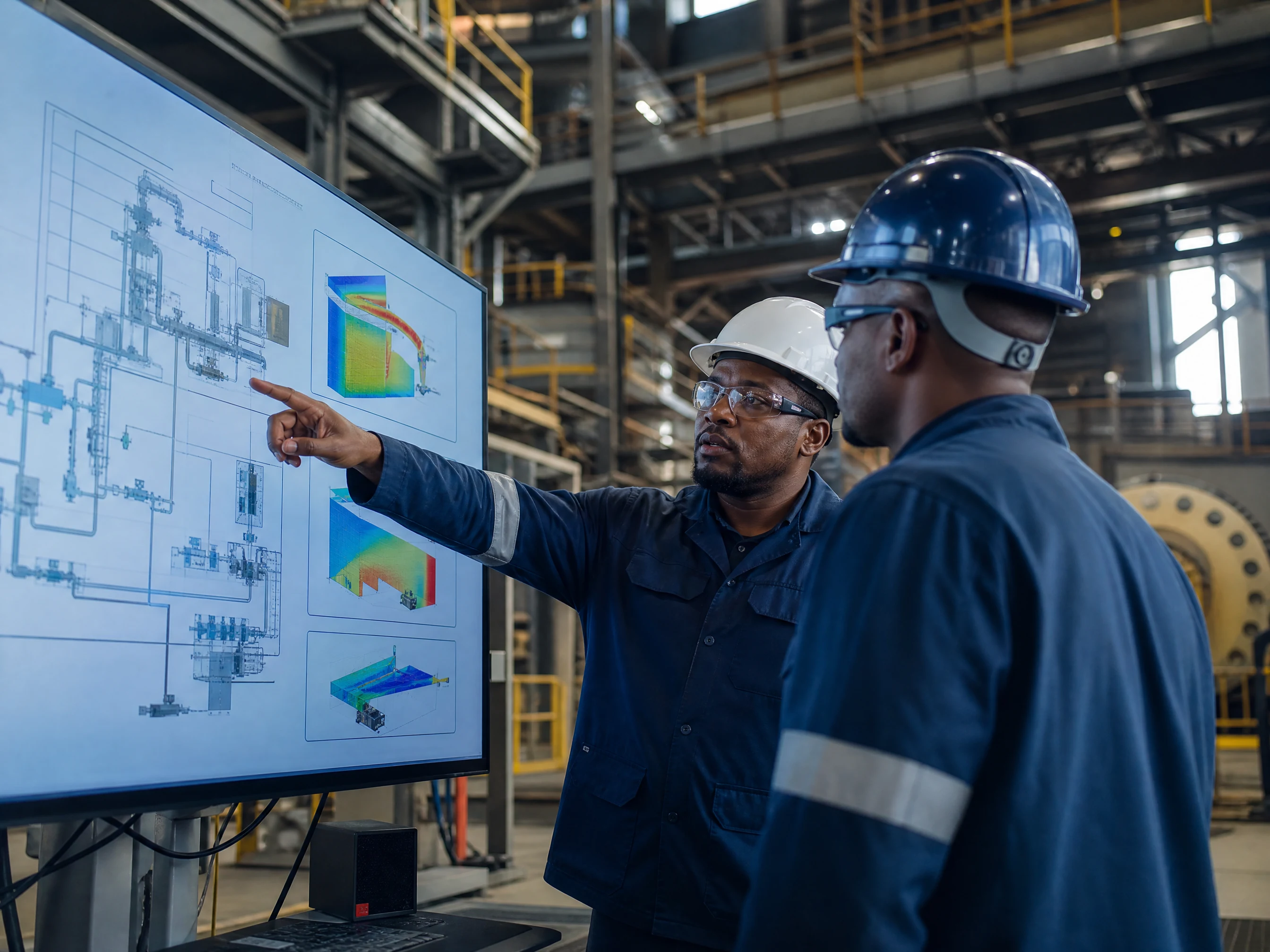 Two engineers comparing simulation outputs against a process diagram on a large monitor