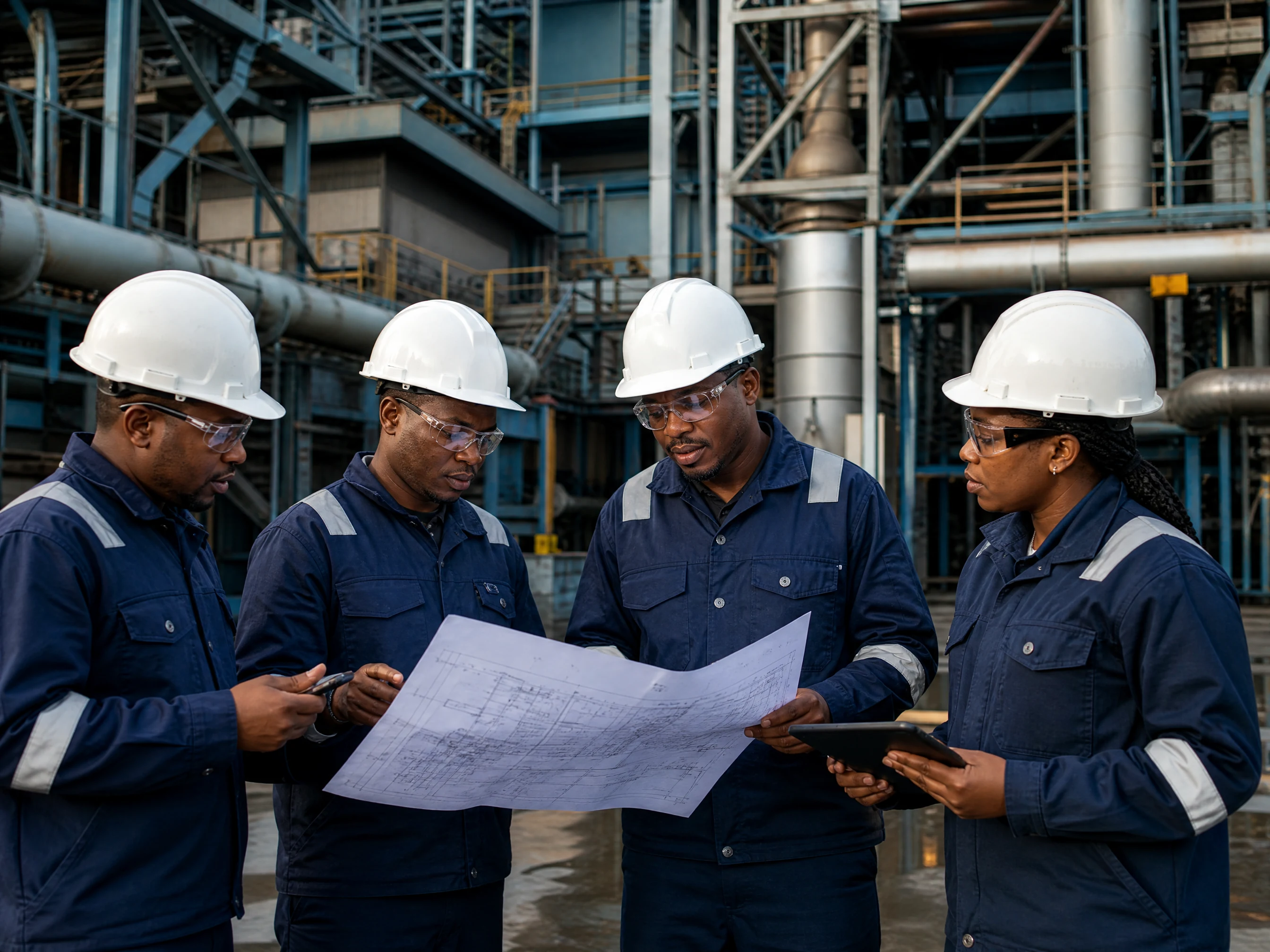 Engineering team conducting a safe plant walkdown with drawings and a tablet