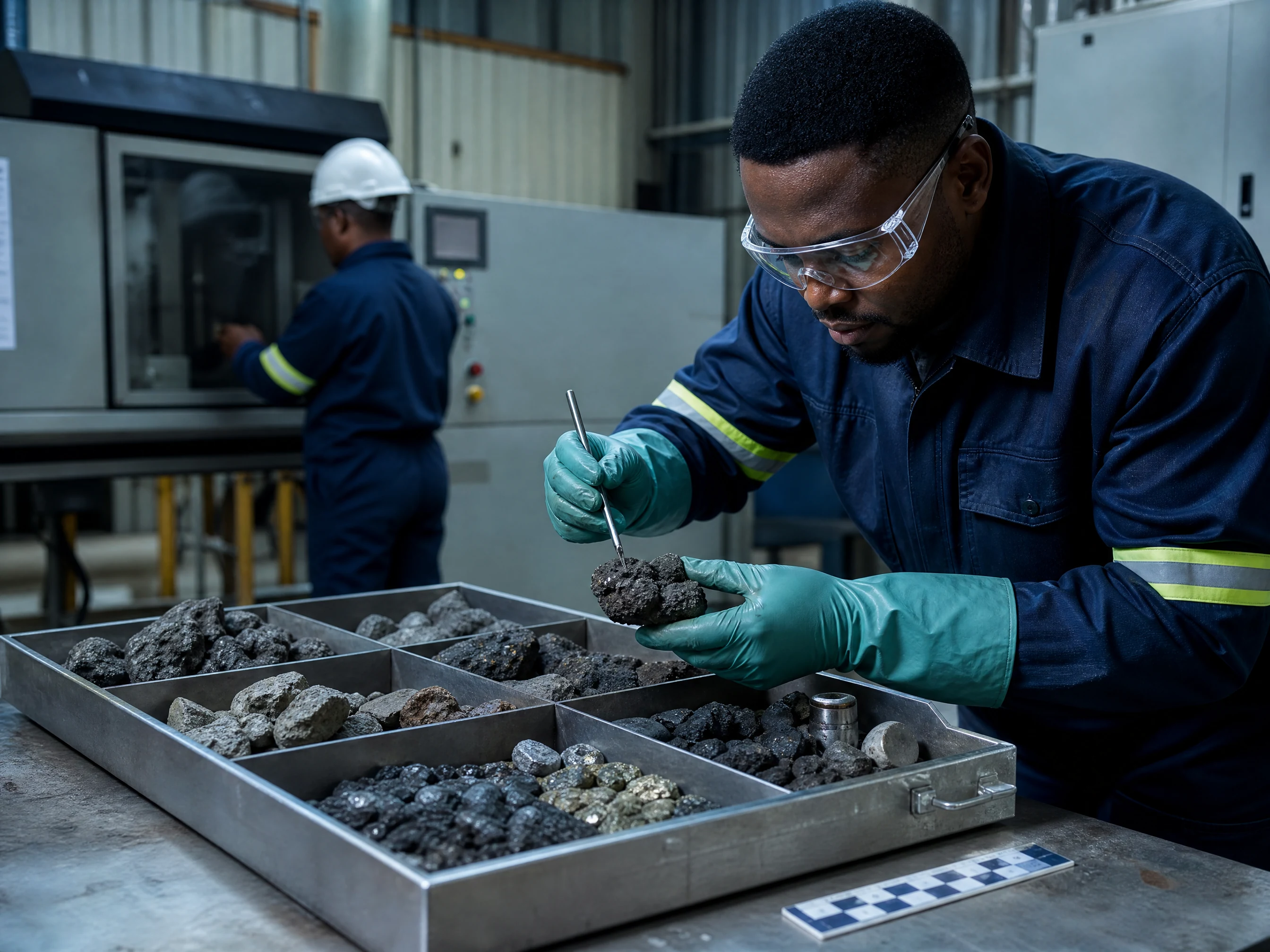 Detailed slag pieces and metal-bearing fractions in a laboratory sample tray with a scale marker